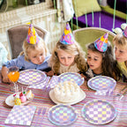 Justforjoyful 96Pcs Iridescent Purple Checkered Party Tableware Set for 24 – Plates, Napkins & Forks