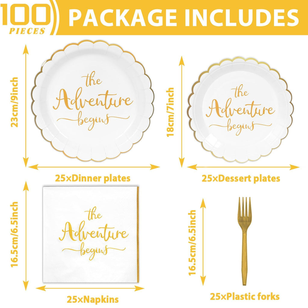 Justforjoyful The Adventure Begins Dinner Plates & Napkins – Engagement & Bridal Shower Set (25 Guests)