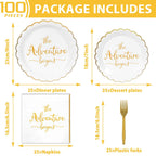 Justforjoyful The Adventure Begins Dinner Plates & Napkins – Engagement & Bridal Shower Set (25 Guests)