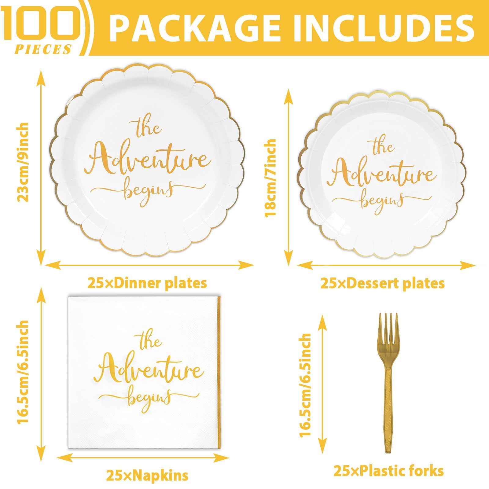 Justforjoyful The Adventure Begins Dinner Plates & Napkins – Engagement & Bridal Shower Set (25 Guests)