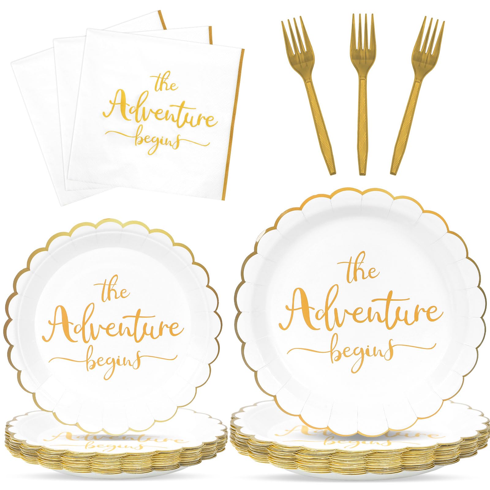 Justforjoyful The Adventure Begins Dinner Plates & Napkins – Engagement & Bridal Shower Set (25 Guests)