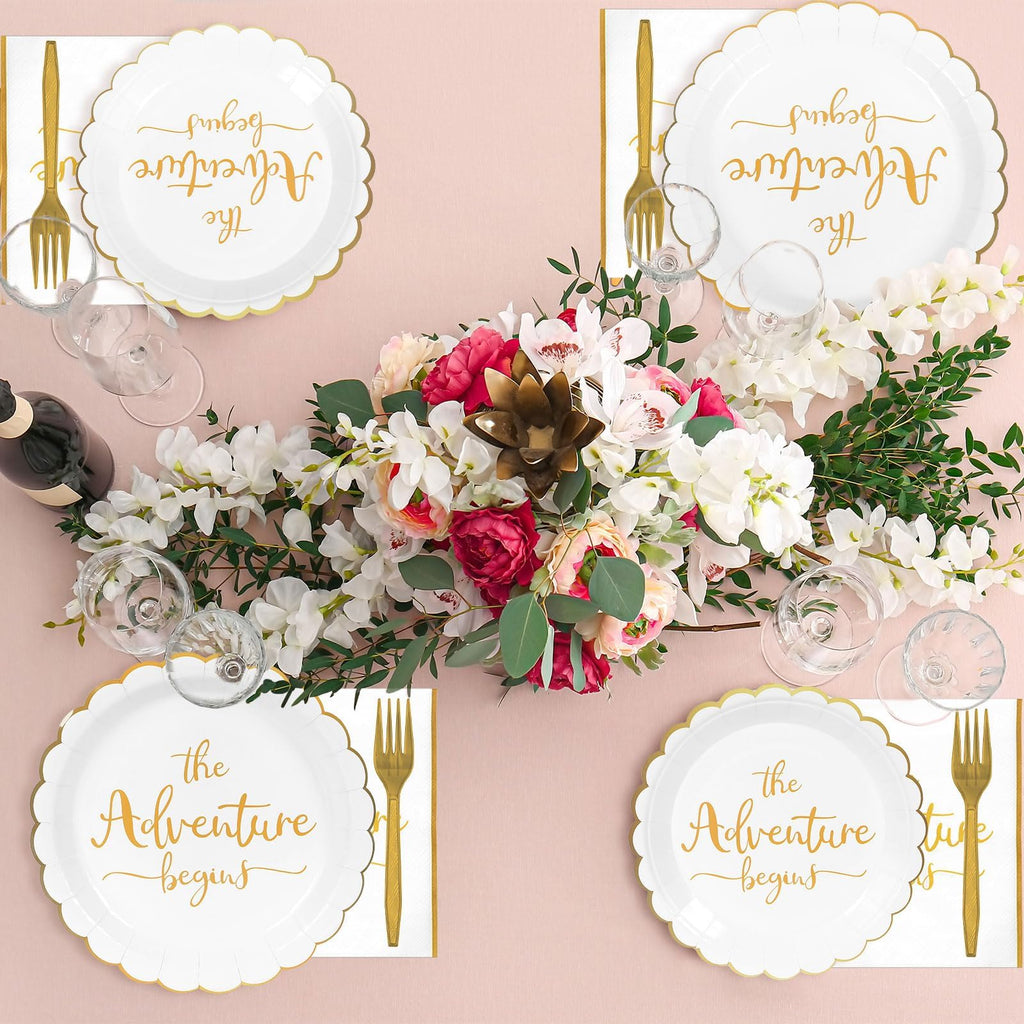 Justforjoyful The Adventure Begins Dinner Plates & Napkins – Engagement & Bridal Shower Set (25 Guests)