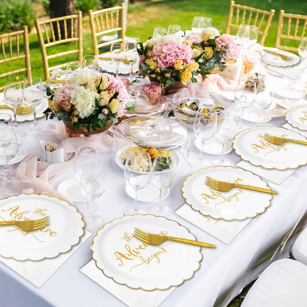 Justforjoyful The Adventure Begins Dinner Plates & Napkins – Engagement & Bridal Shower Set (25 Guests)