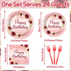 Justforjoyful Burgundy Floral Birthday Party Tableware – 96 Pcs for 24 Guests