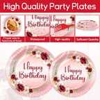 Justforjoyful Burgundy Floral Birthday Party Tableware – 96 Pcs for 24 Guests