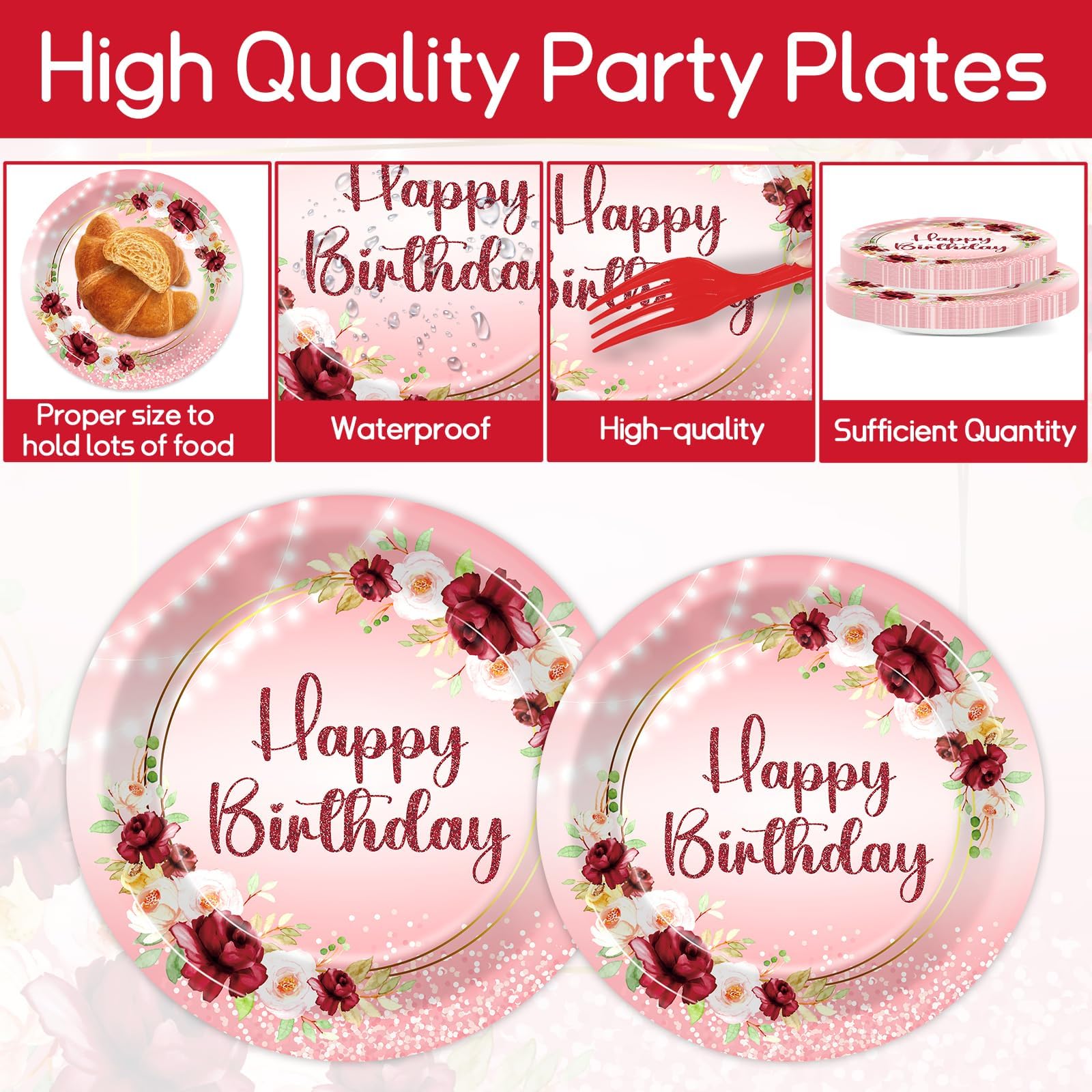 Justforjoyful Burgundy Floral Birthday Party Tableware – 96 Pcs for 24 Guests