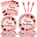 Justforjoyful Burgundy Floral Birthday Party Tableware – 96 Pcs for 24 Guests