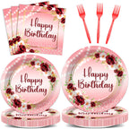 Justforjoyful Burgundy Floral Birthday Party Tableware – 96 Pcs for 24 Guests