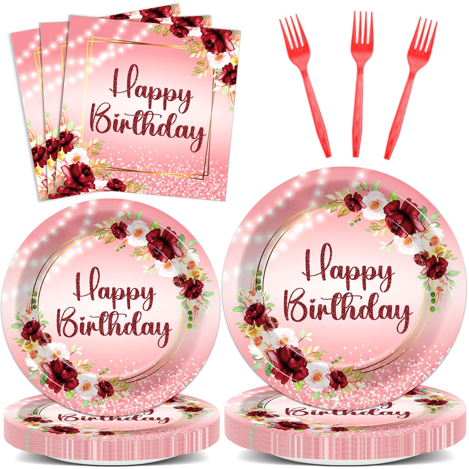 Justforjoyful Burgundy Floral Birthday Party Tableware – 96 Pcs for 24 Guests