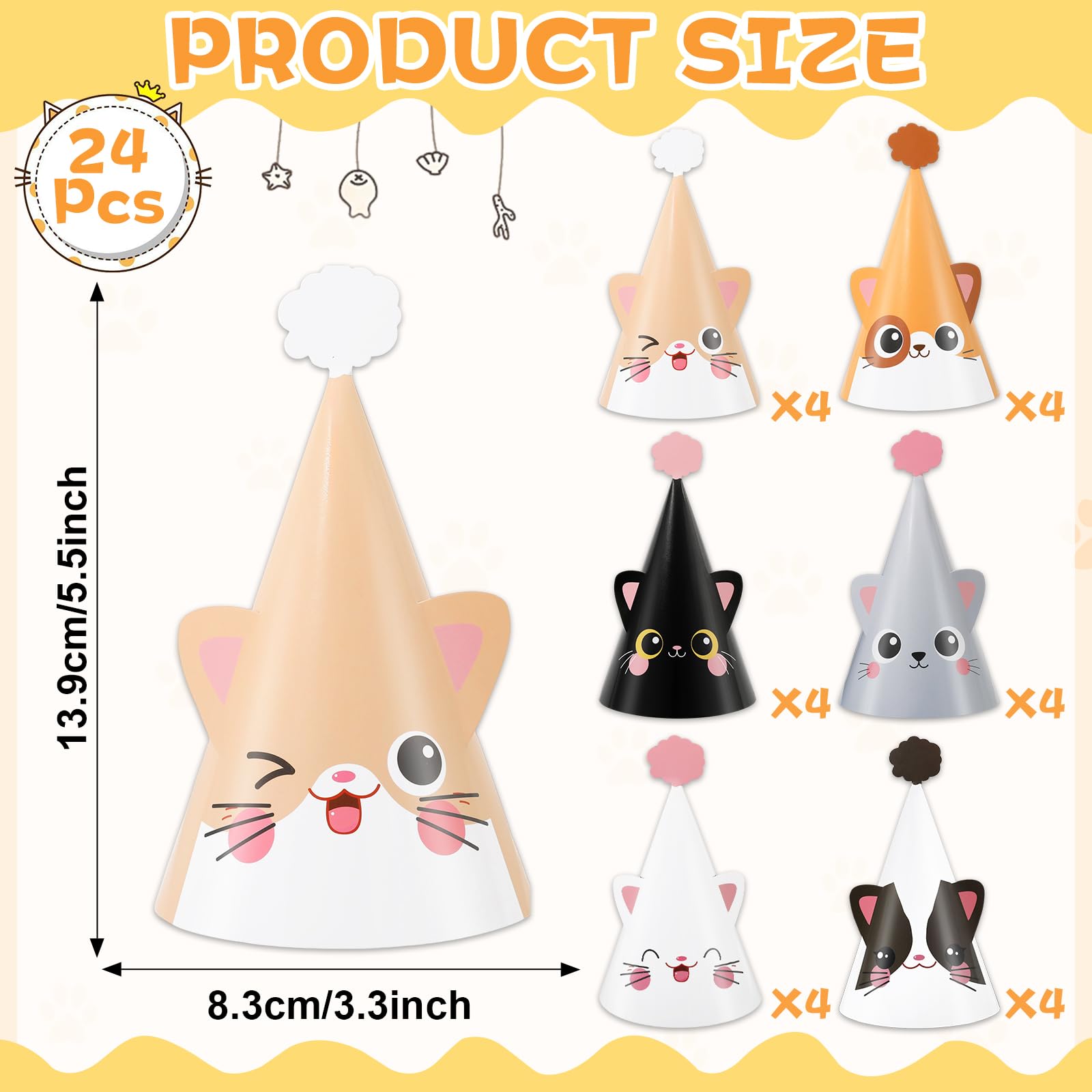 Justforjoyful 24 Pc Cat Birthday Cone Hats – Kitten Theme Party Supplies