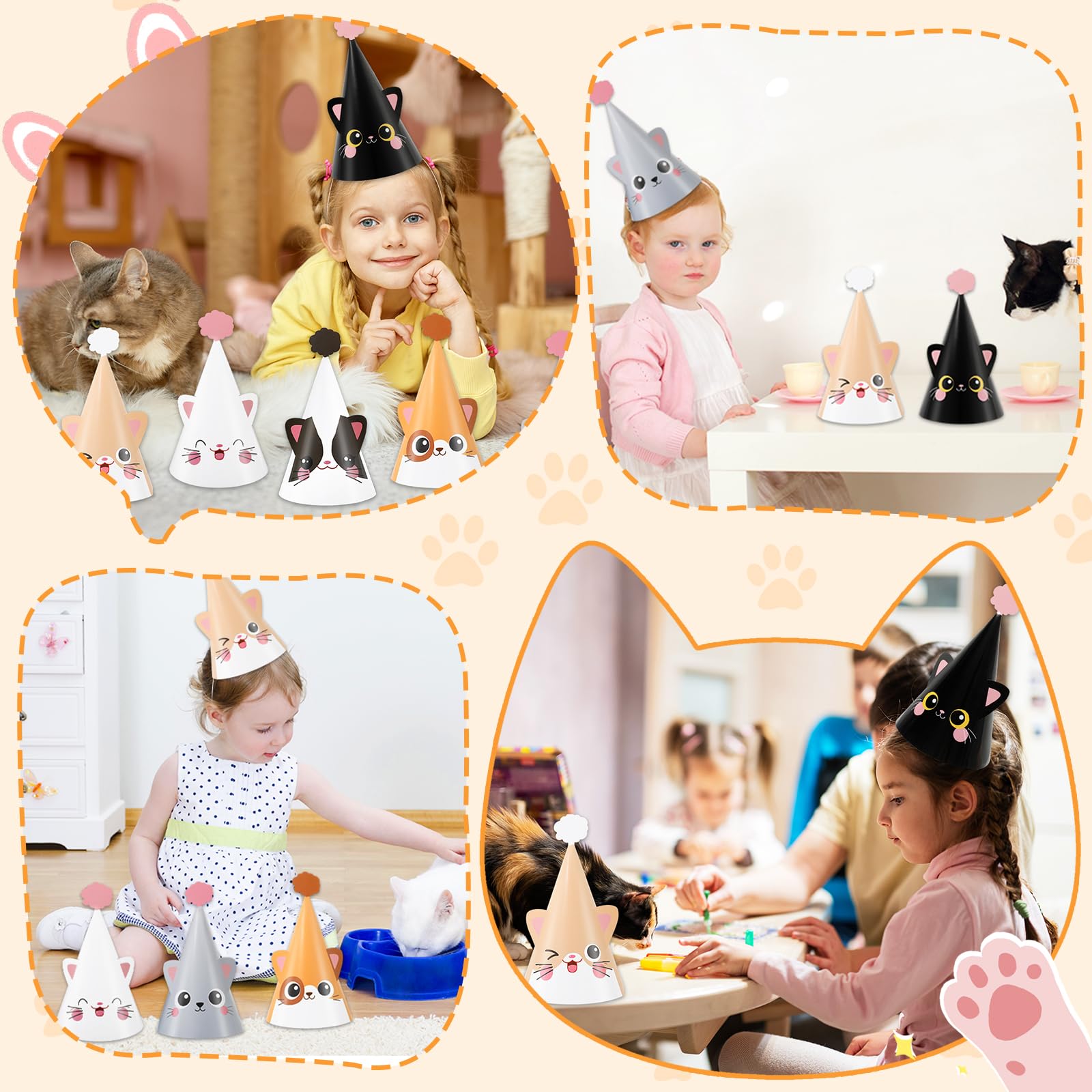 Justforjoyful 24 Pc Cat Birthday Cone Hats – Kitten Theme Party Supplies