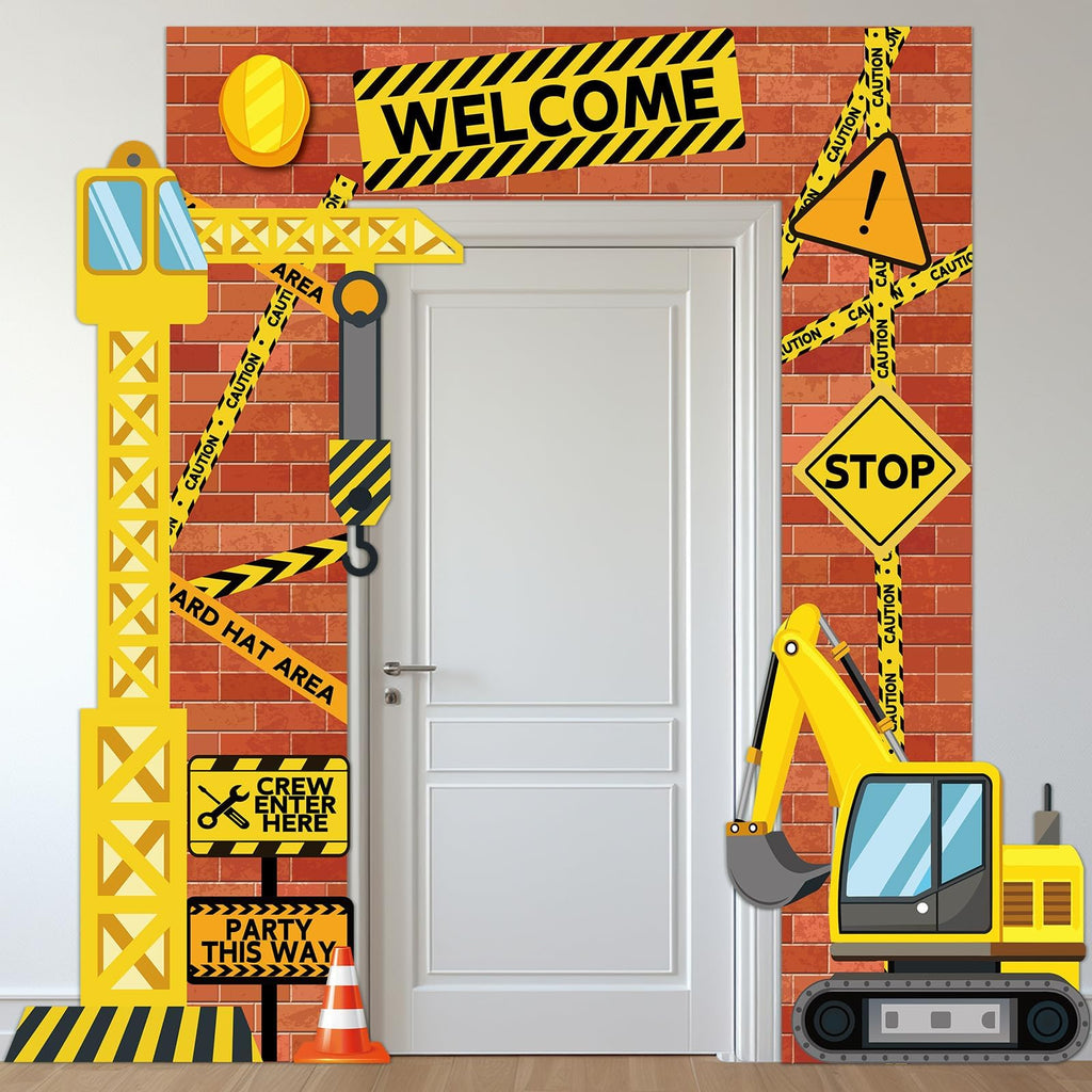 Justforjoyful Construction Porch Sign Banner – Yellow Excavator Truck Backdrop for Parties