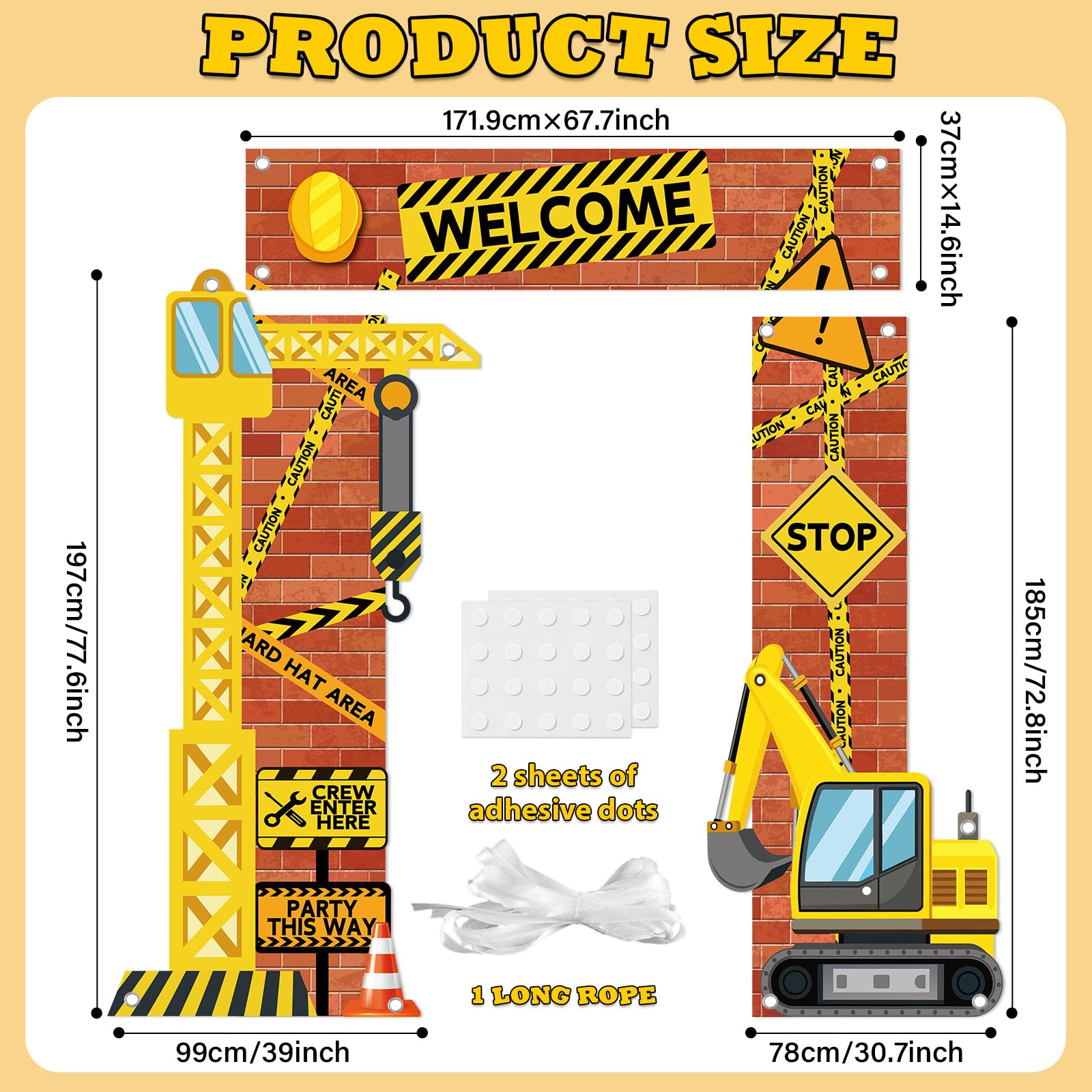 Justforjoyful Construction Porch Sign Banner – Yellow Excavator Truck Backdrop for Parties