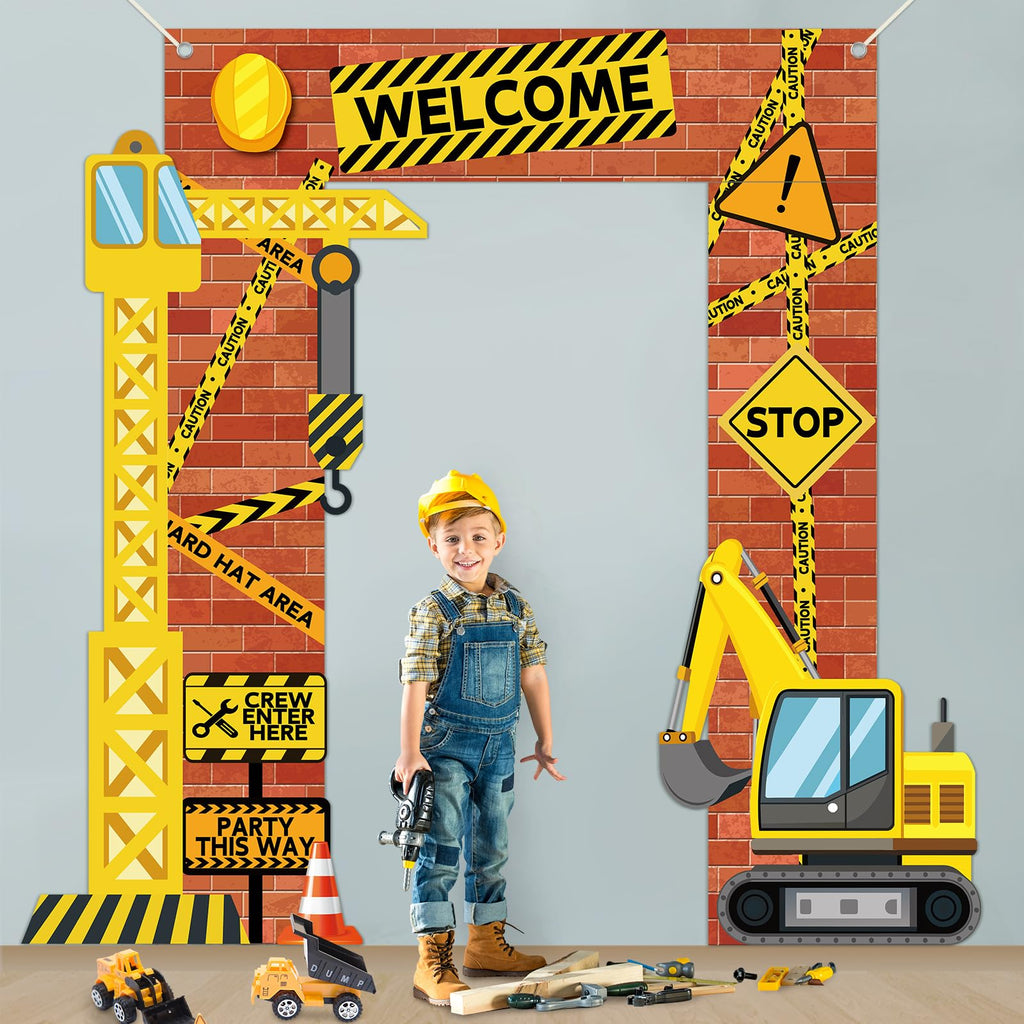 Justforjoyful Construction Porch Sign Banner – Yellow Excavator Truck Backdrop for Parties
