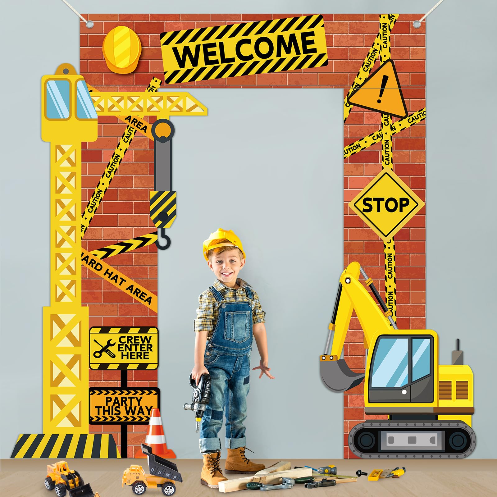 Justforjoyful Construction Porch Sign Banner – Yellow Excavator Truck Backdrop for Parties