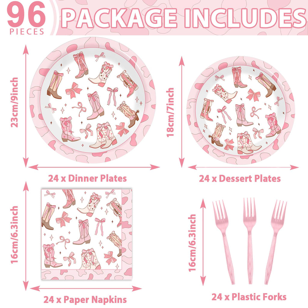 Justforjoyful 96Pcs Coquette Bow Cowgirl Party Supplies – Pink Western Plates, Napkins & Forks for Birthday, Baby Shower, Bachelorette