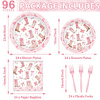 Justforjoyful 96Pcs Coquette Bow Cowgirl Party Supplies – Pink Western Plates, Napkins & Forks for Birthday, Baby Shower, Bachelorette