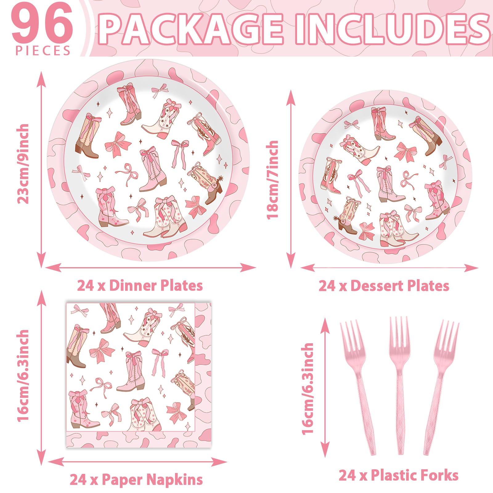 Justforjoyful 96Pcs Coquette Bow Cowgirl Party Supplies – Pink Western Plates, Napkins & Forks for Birthday, Baby Shower, Bachelorette
