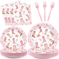 Justforjoyful 96Pcs Coquette Bow Cowgirl Party Supplies – Pink Western Plates, Napkins & Forks for Birthday, Baby Shower, Bachelorette