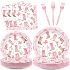 Justforjoyful 96Pcs Coquette Bow Cowgirl Party Supplies – Pink Western Plates, Napkins & Forks for Birthday, Baby Shower, Bachelorette