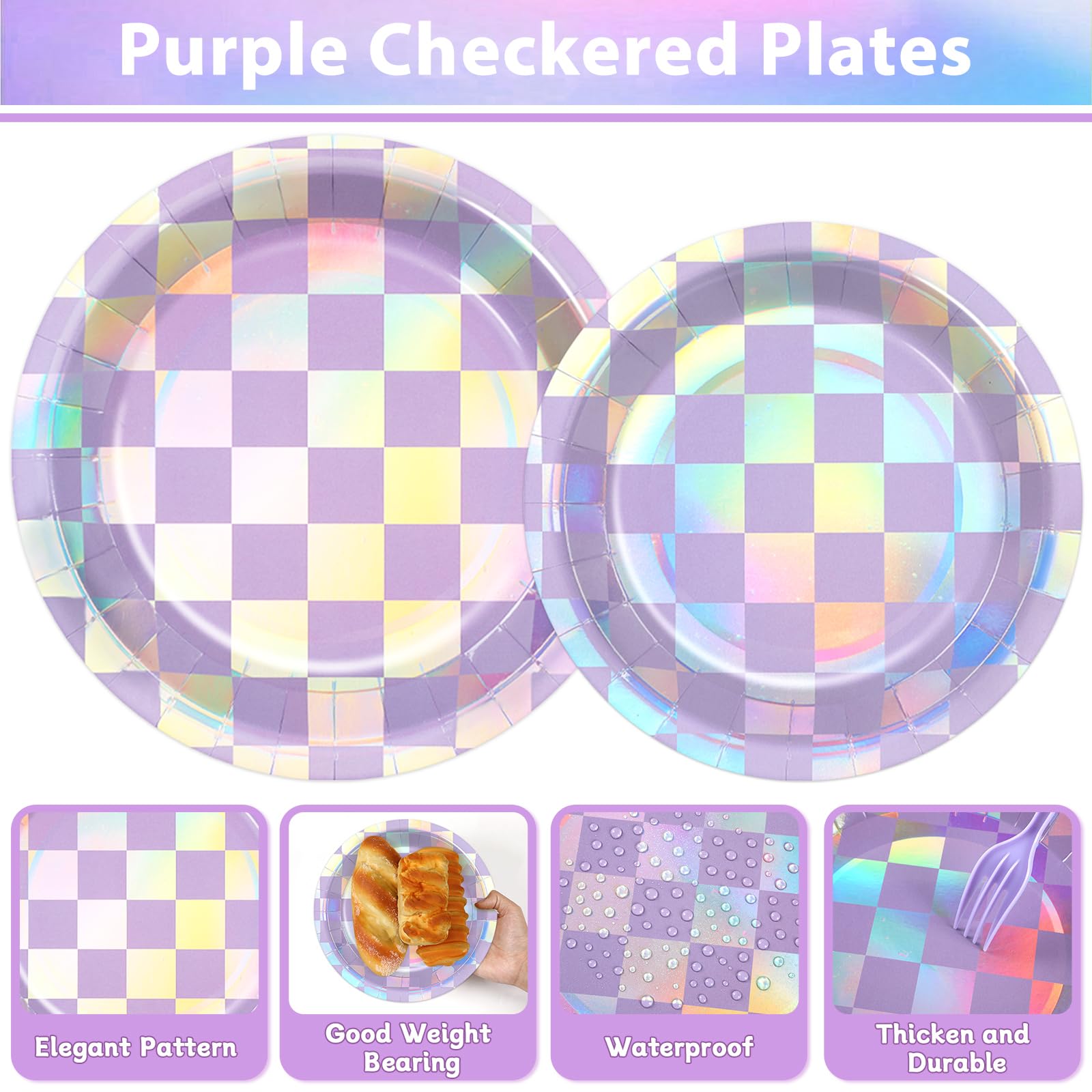 Justforjoyful 96Pcs Iridescent Purple Checkered Party Tableware Set for 24 – Plates, Napkins & Forks