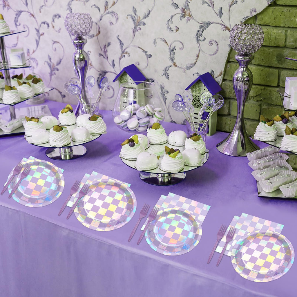 Justforjoyful 96Pcs Iridescent Purple Checkered Party Tableware Set for 24 – Plates, Napkins & Forks