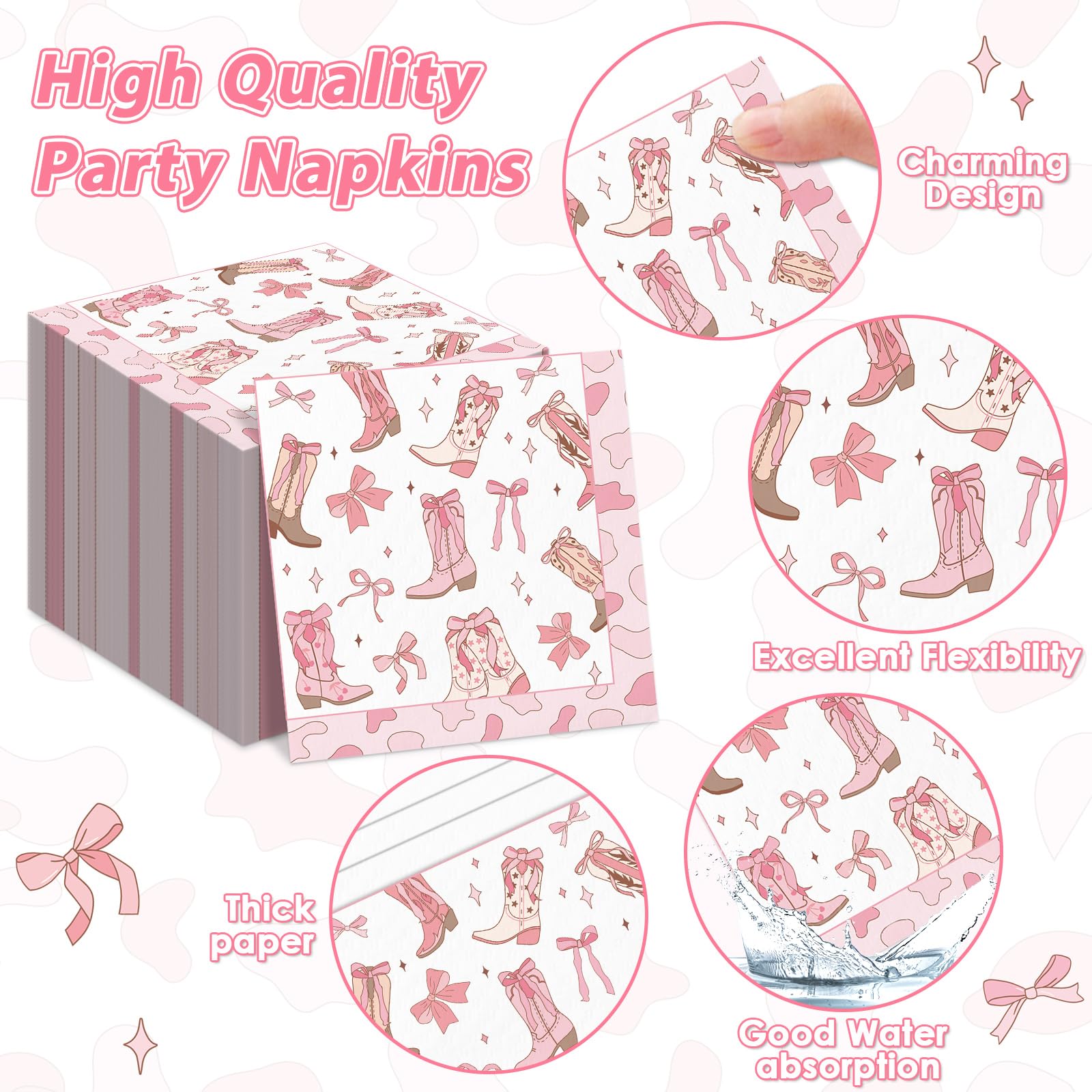 Justforjoyful 96Pcs Coquette Bow Cowgirl Party Supplies – Pink Western Plates, Napkins & Forks for Birthday, Baby Shower, Bachelorette