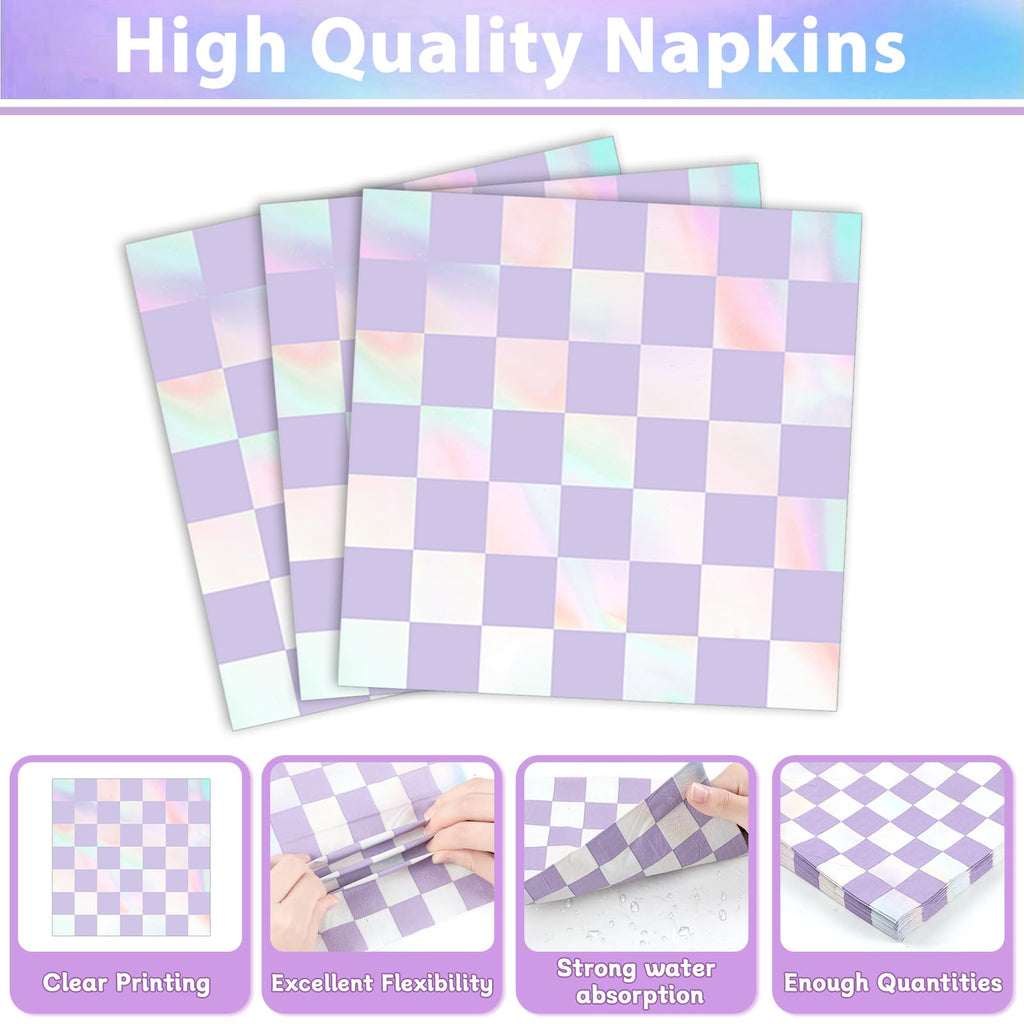Justforjoyful 96Pcs Iridescent Purple Checkered Party Tableware Set for 24 – Plates, Napkins & Forks