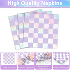 Justforjoyful 96Pcs Iridescent Purple Checkered Party Tableware Set for 24 – Plates, Napkins & Forks