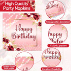 Justforjoyful Burgundy Floral Birthday Party Tableware – 96 Pcs for 24 Guests