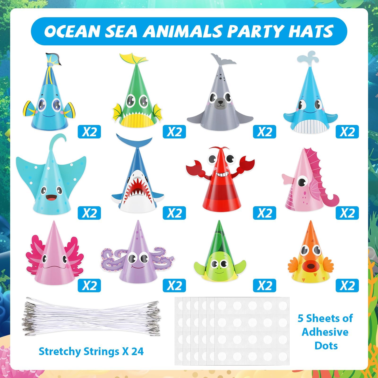 Justforjoyful 24Pcs Sea Animal Party Hats – Under the Sea Birthday Party Supplies