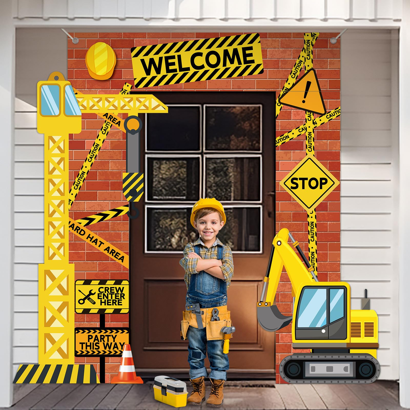 Justforjoyful Construction Porch Sign Banner – Yellow Excavator Truck Backdrop for Parties