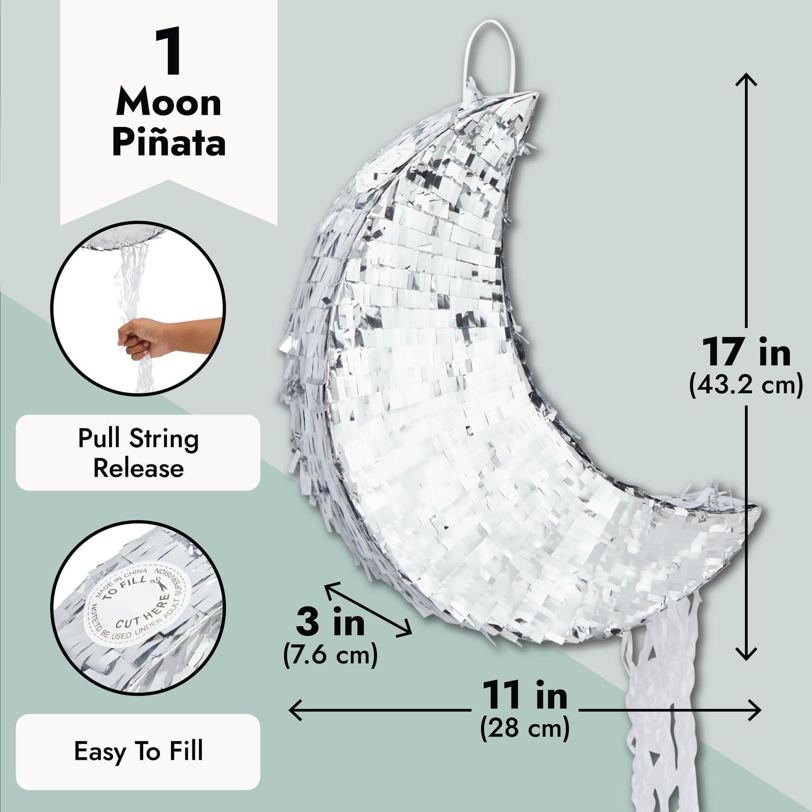 Juvale Pull String Moon Pinata – Silver Foil Crescent 17x11x3 in for Baby Showers & Birthdays