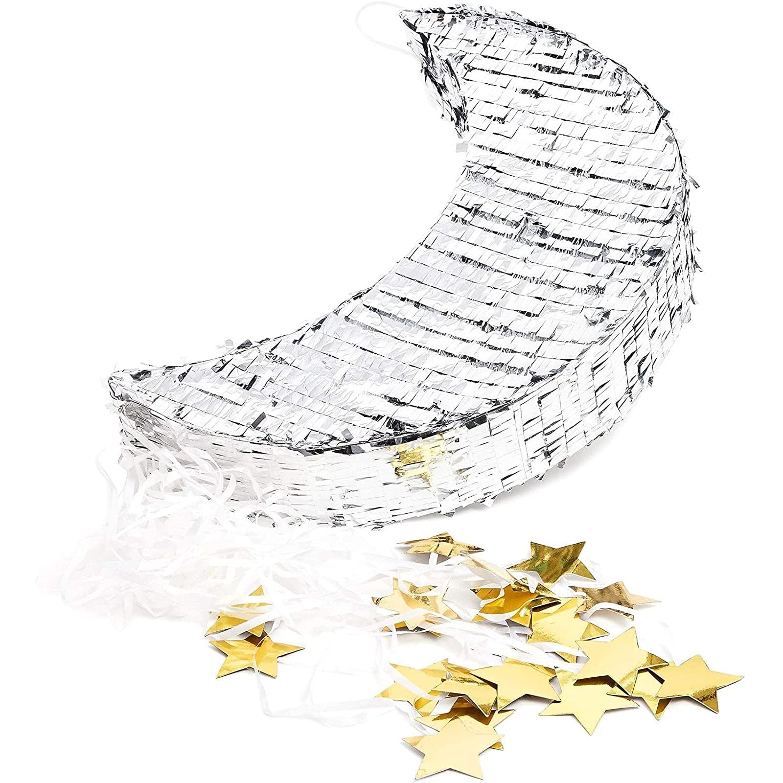 Juvale Pull String Moon Pinata – Silver Foil Crescent 17x11x3 in for Baby Showers & Birthdays