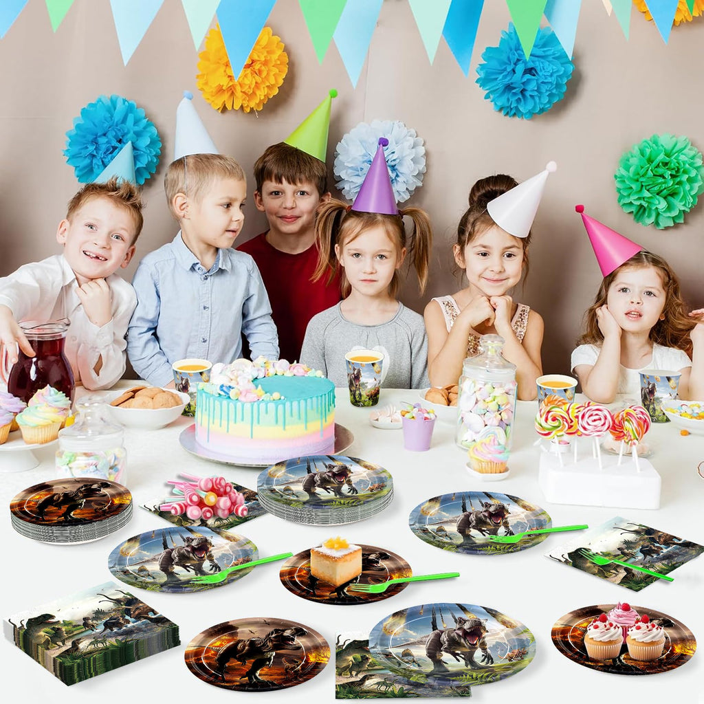 JVORFDG 120Pcs Dinosaur Party Supplies Set — Plates, Napkins, Cups & Green Forks (Serves 24)