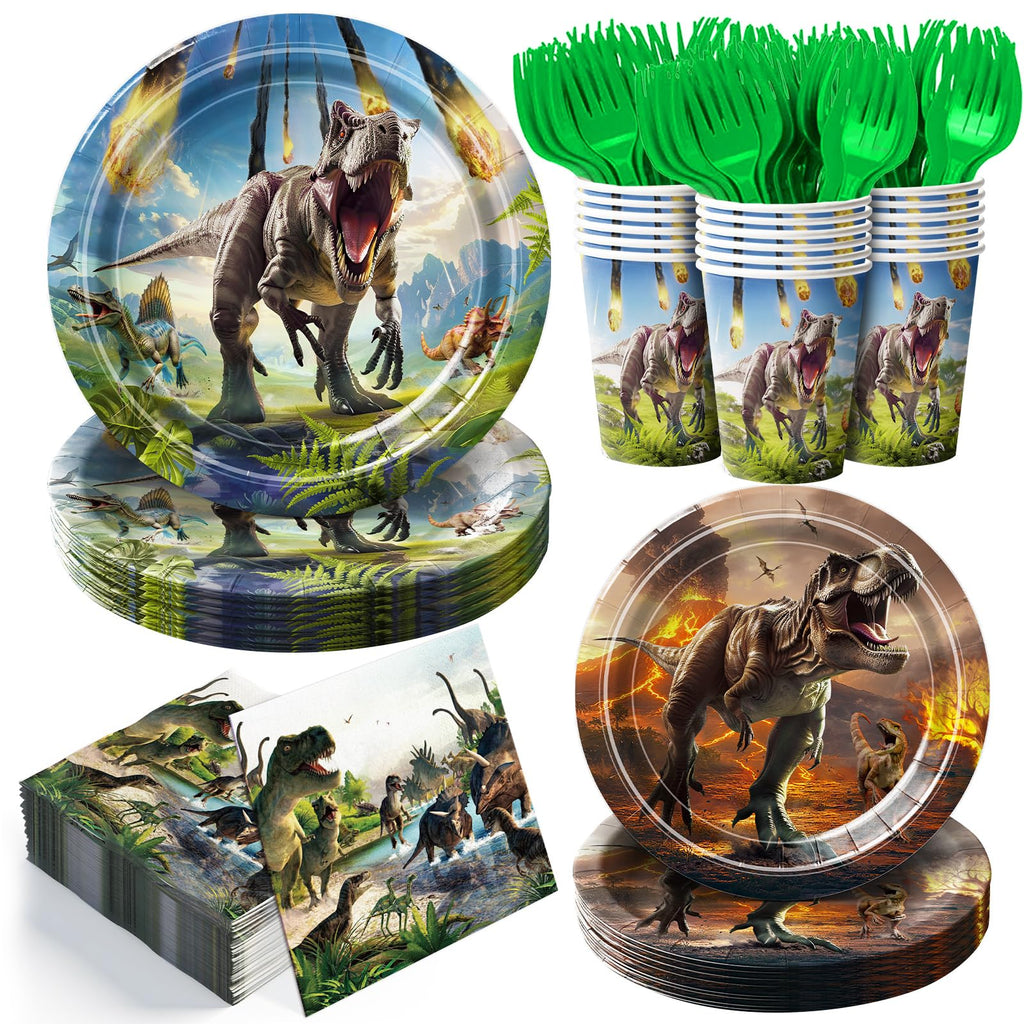 JVORFDG 120Pcs Dinosaur Party Supplies Set — Plates, Napkins, Cups & Green Forks (Serves 24)