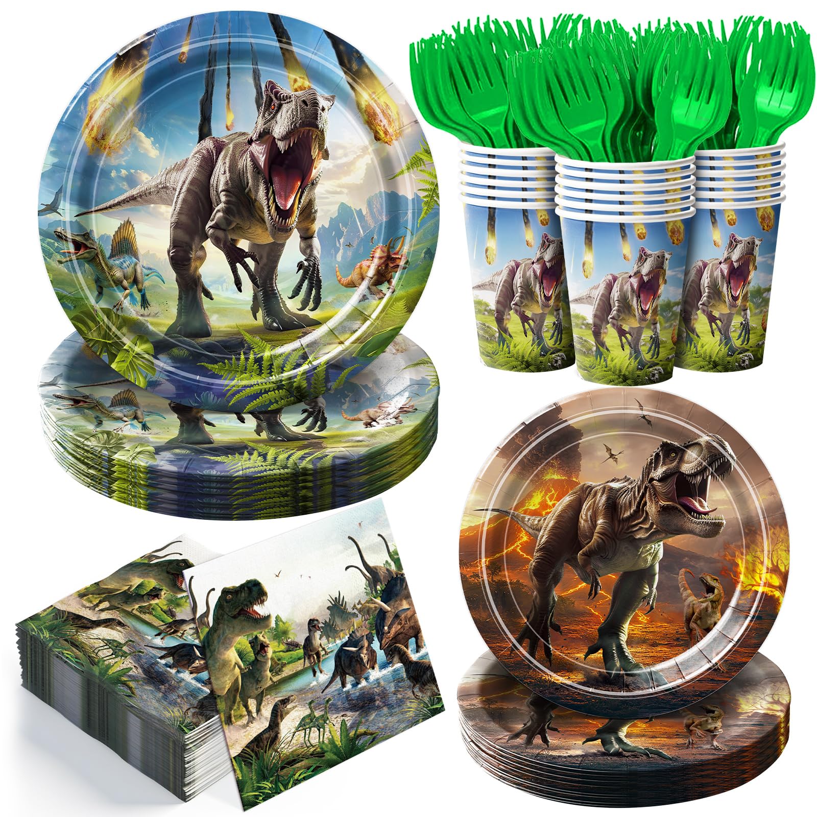 JVORFDG 120Pcs Dinosaur Party Supplies Set — Plates, Napkins, Cups & Green Forks (Serves 24)