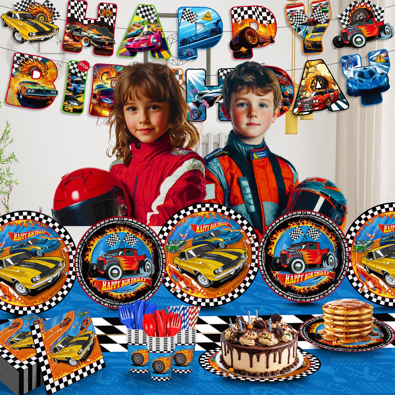 JVORFDG 194pcs Race Car Birthday Party Decorations Set – Plates, Cups, Banner, Tablecloth (24 Guests)