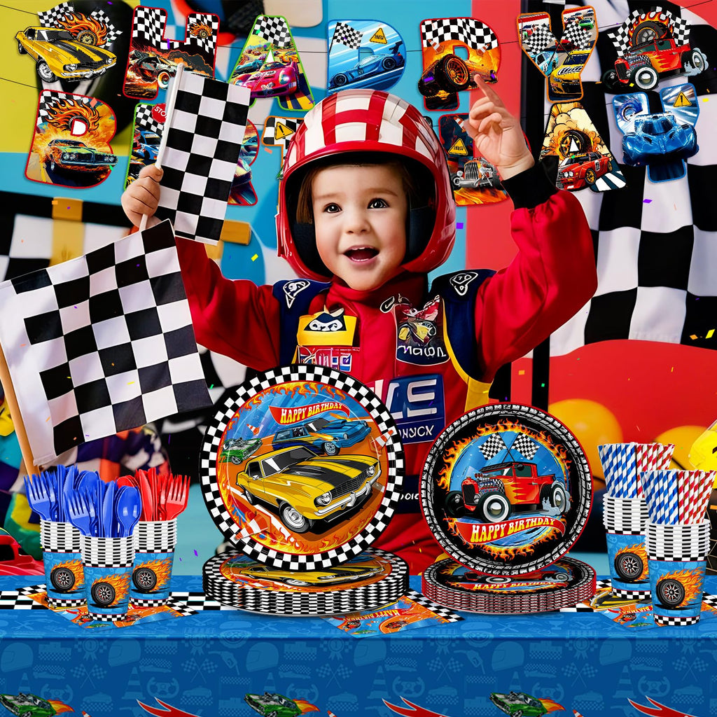 JVORFDG 194pcs Race Car Birthday Party Decorations Set – Plates, Cups, Banner, Tablecloth (24 Guests)