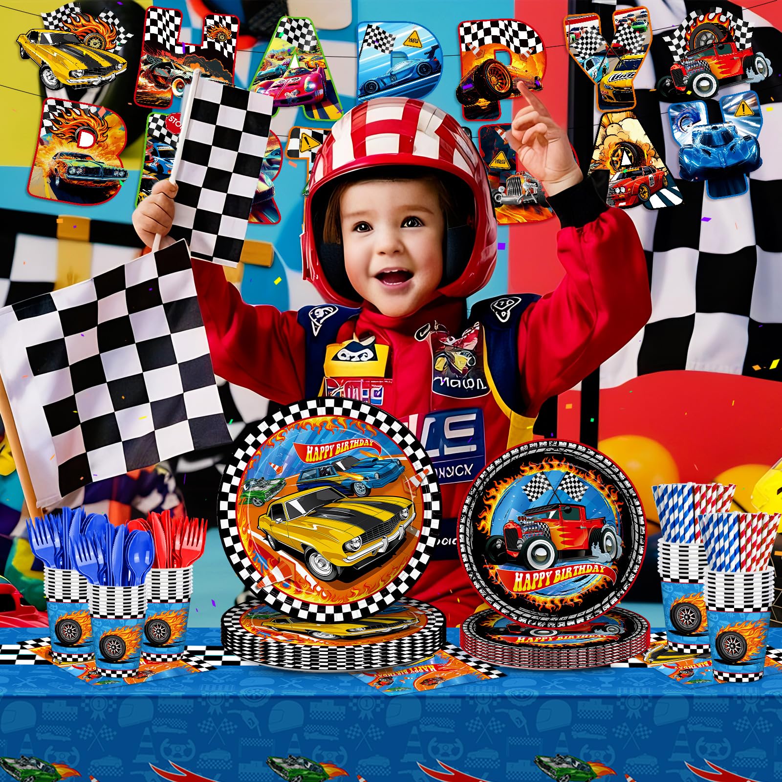 JVORFDG 194pcs Race Car Birthday Party Decorations Set – Plates, Cups, Banner, Tablecloth (24 Guests)