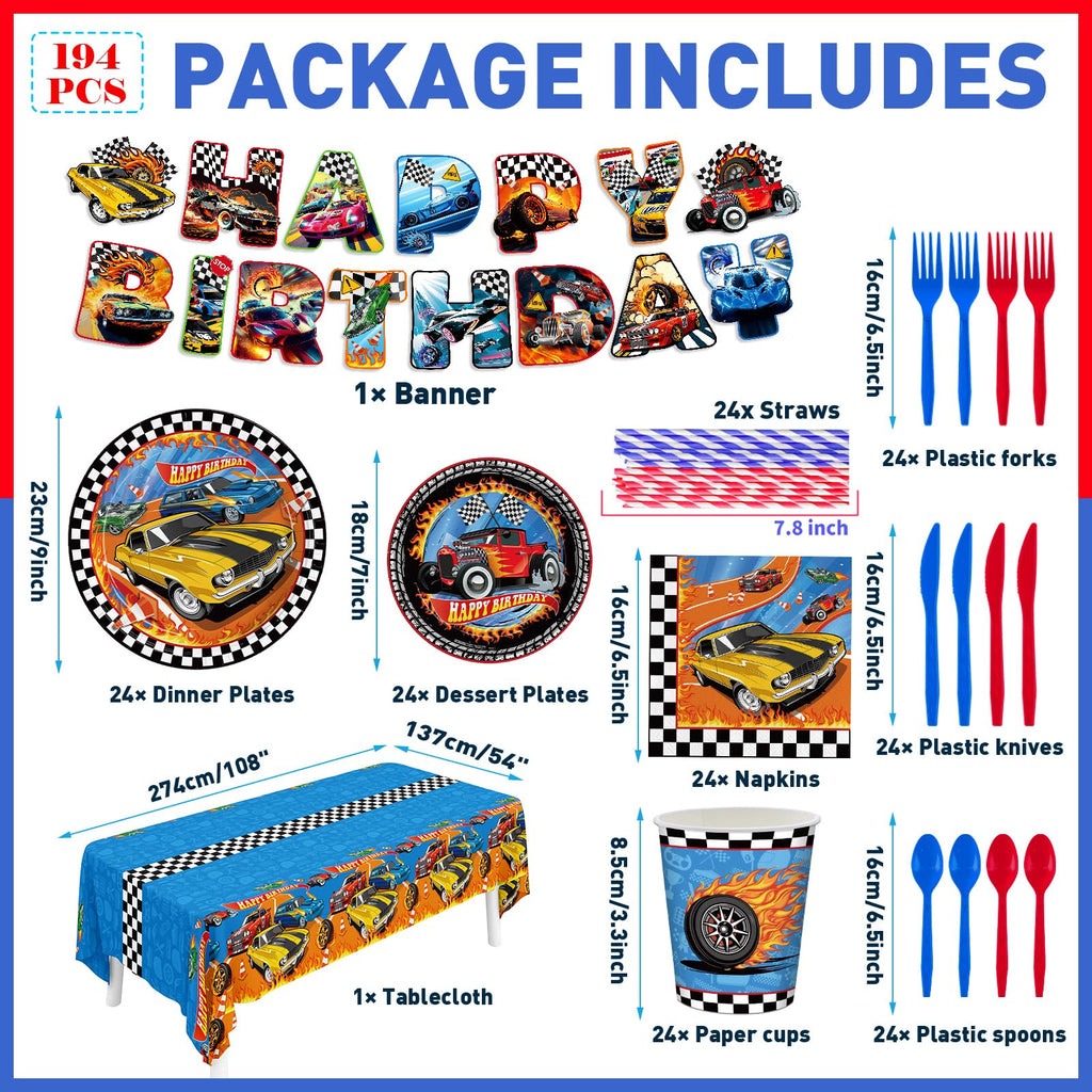 JVORFDG 194pcs Race Car Birthday Party Decorations Set – Plates, Cups, Banner, Tablecloth (24 Guests)