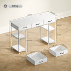 HOMCOM 120cm Computer Desk with Power Outlets, Office Desk Study Table with 3 Fabric Drawers and 4 Storage Shelves, White
