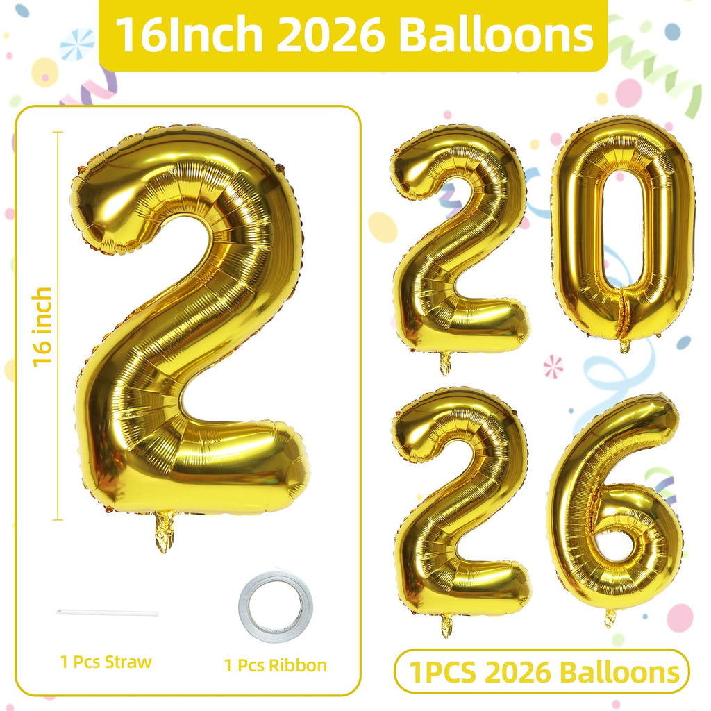 KALOR 16-Inch Gold Foil Number Balloons 2026 - New Year & Graduation Decor