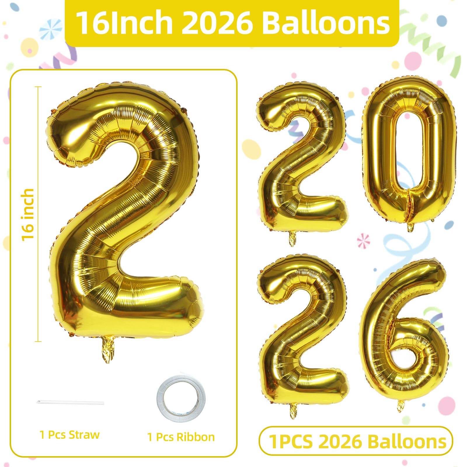 KALOR 16-Inch Gold Foil Number Balloons 2026 - New Year & Graduation Decor