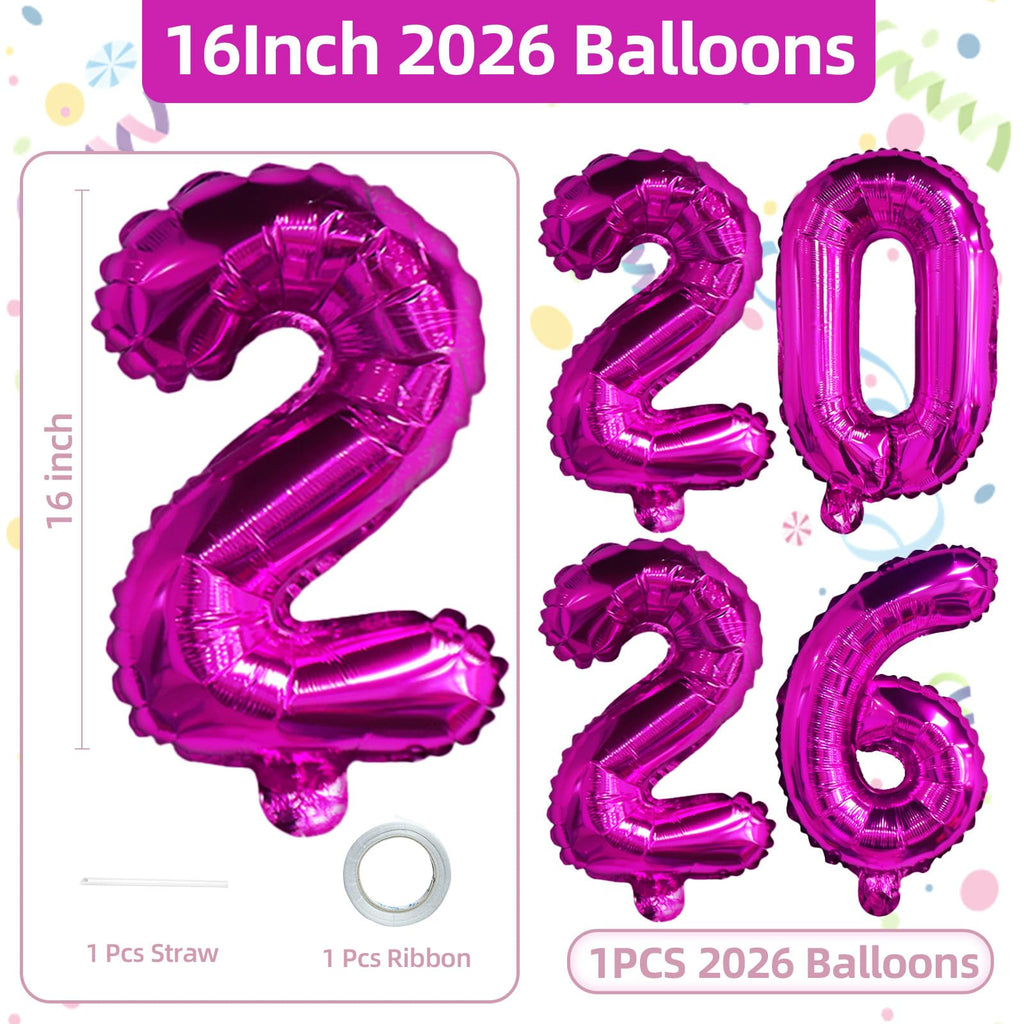 KALOR 16-Inch 2026 Hot Pink Foil Number Balloons – New Year & Graduation Decor