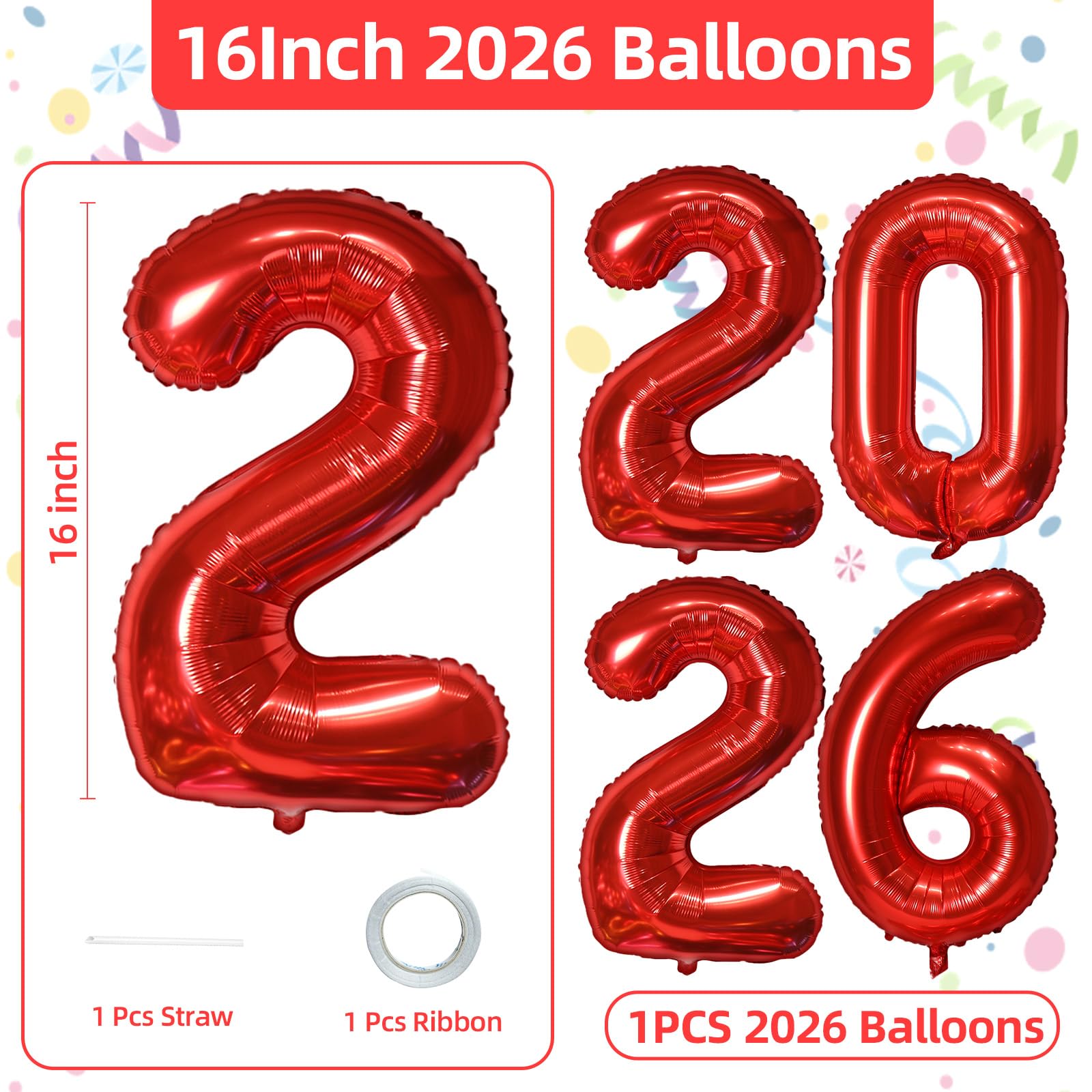 KALOR 16-Inch Red Foil 2026 Number Balloons – New Year & Graduation Decor