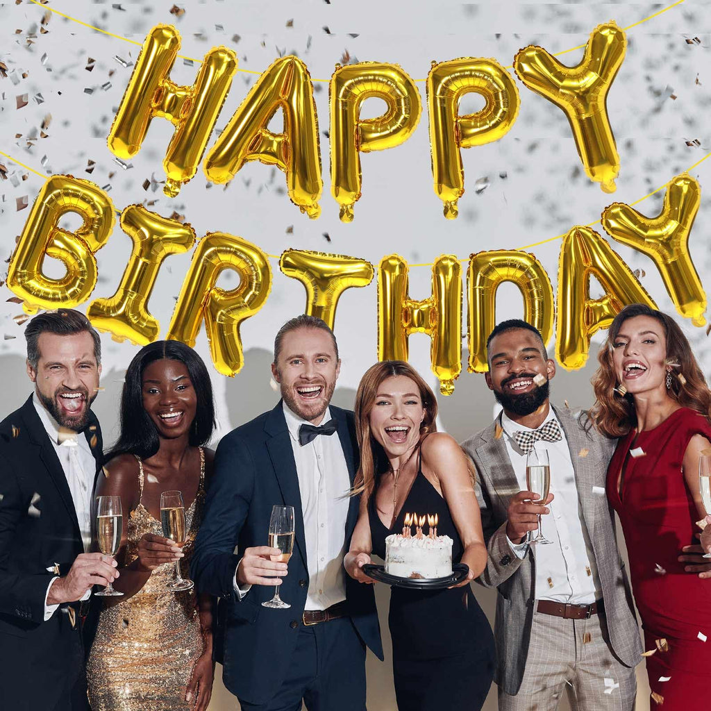 KALOR Gold Happy Birthday Balloons Banner - 16-Inch Mylar Foil Letters