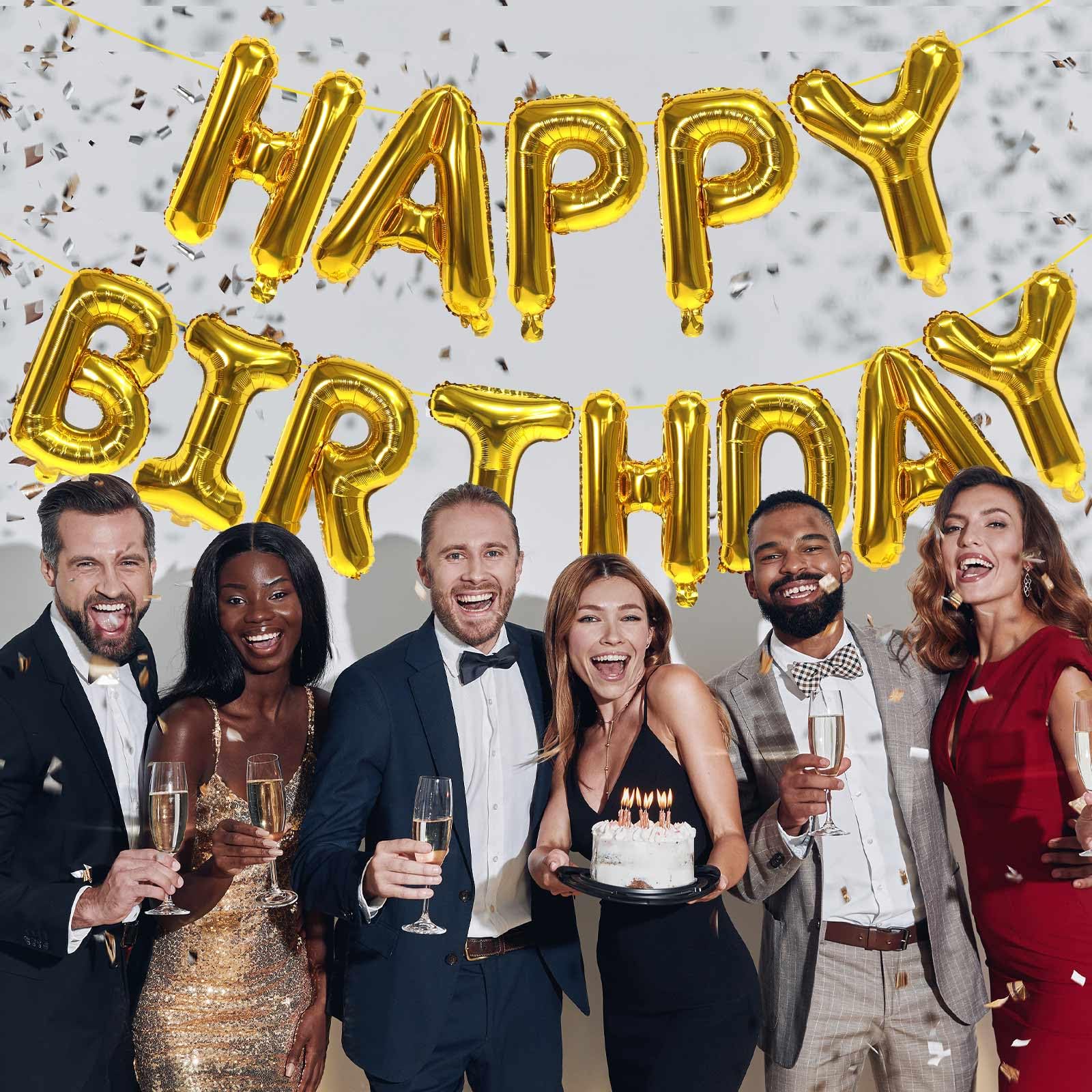 KALOR Gold Happy Birthday Balloons Banner - 16-Inch Mylar Foil Letters