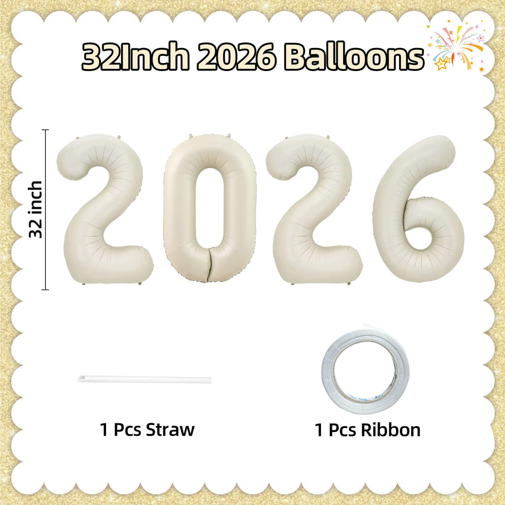 KALOR 32-Inch Cream White 2026 Foil Number Balloons | New Year & Graduation Decor