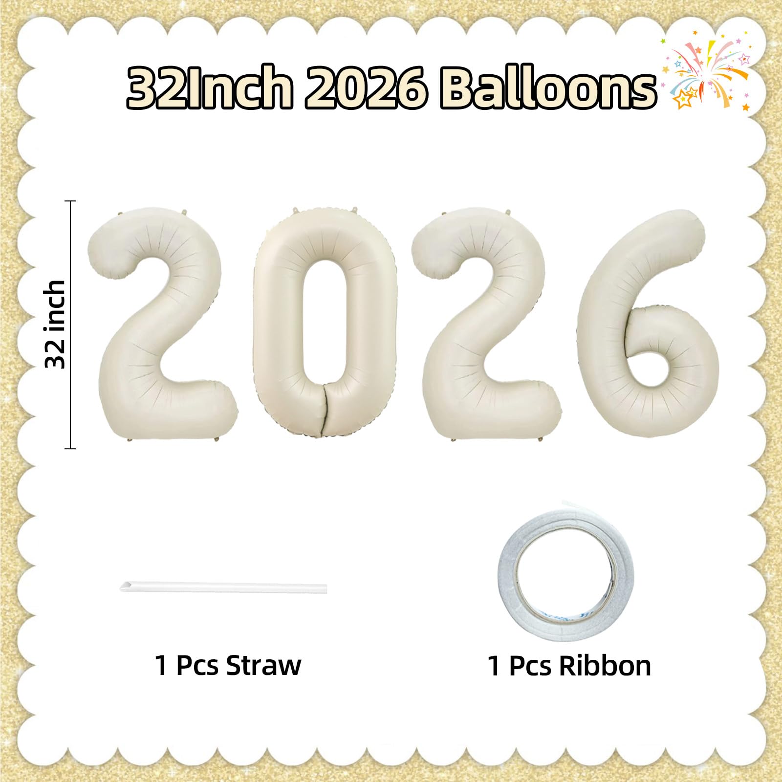 KALOR 32-Inch Cream White 2026 Foil Number Balloons | New Year & Graduation Decor